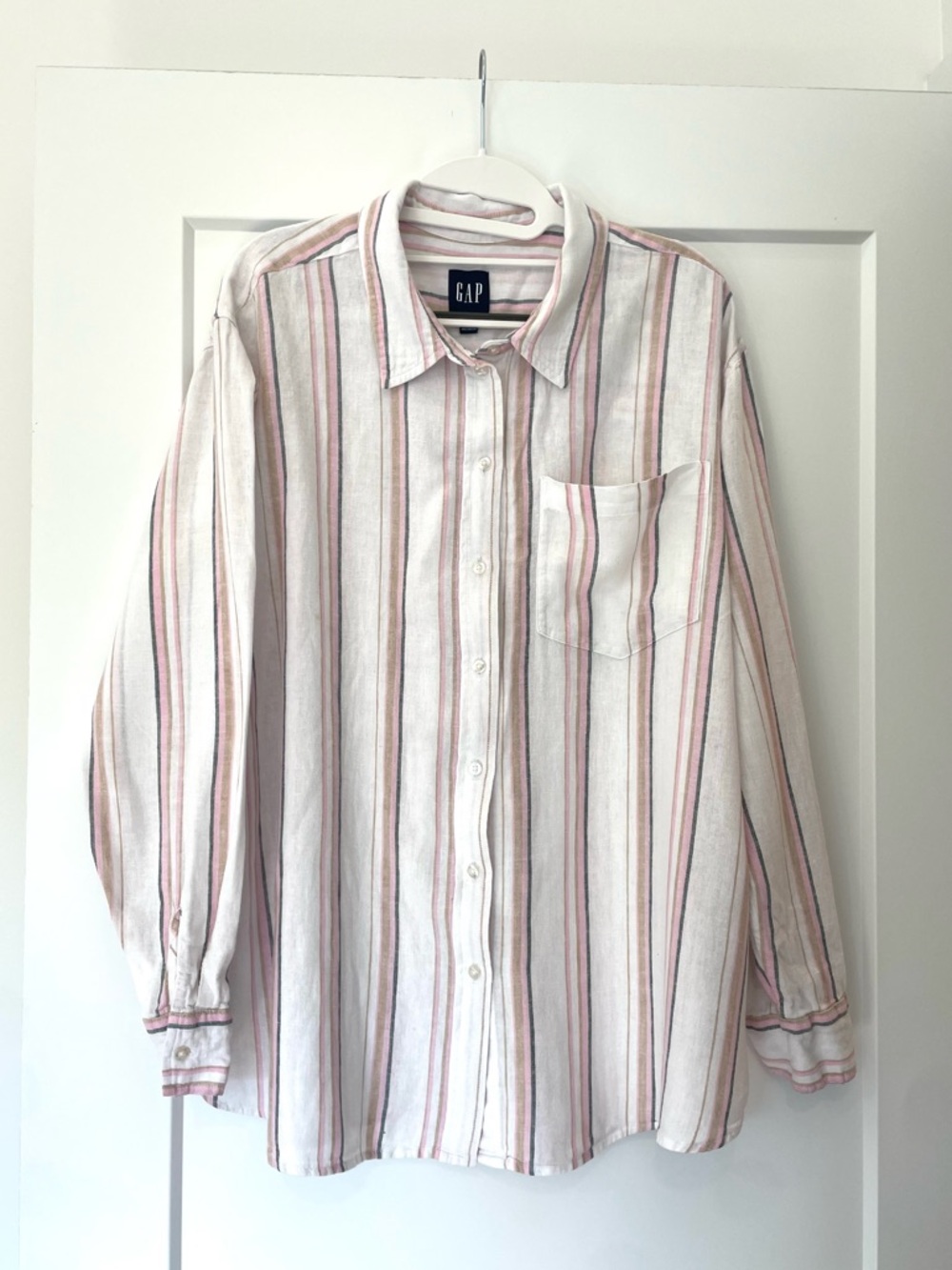 GAP Women's Linen blend Striped Button-Down Shirt in White, Pink, Tan, Gray XL